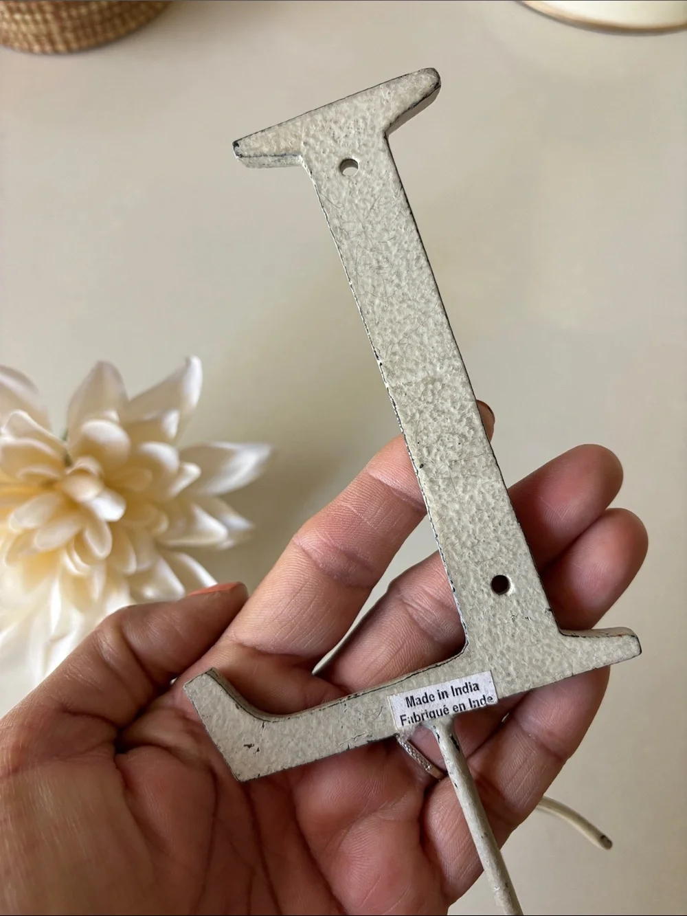 Neutral Cream Metal Wall Hook with Decorative Flower Accent